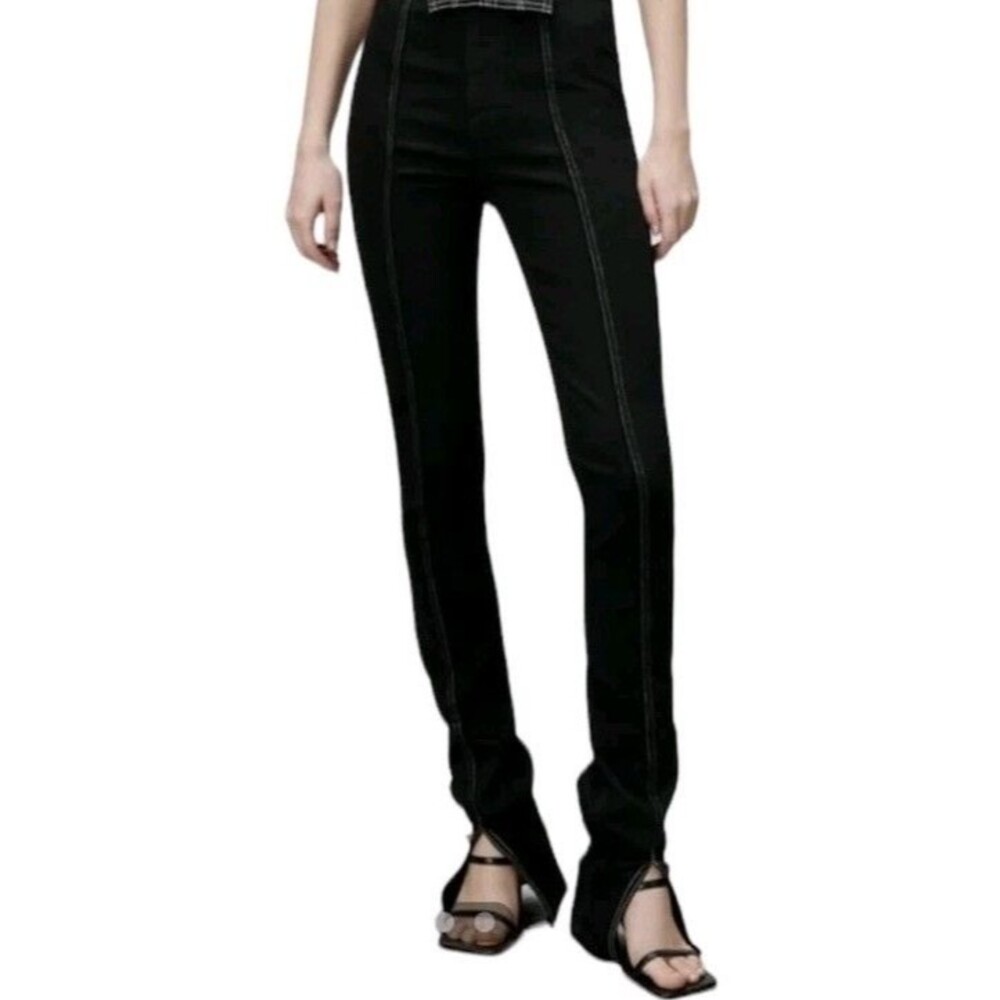 Zara Black High Rise Contrast Stitch Skinny Jeans Split Hem Size 6 EUC